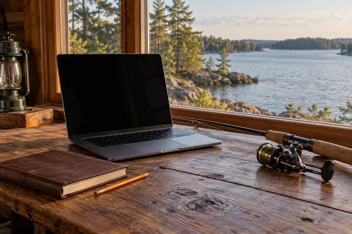 Notebook, fishing rod and dark laptop on a cabin desk beside a lake window