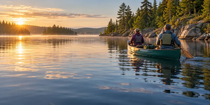 Two paddlers in lifejackets travelling by canoe near a pine-lined lake shore.