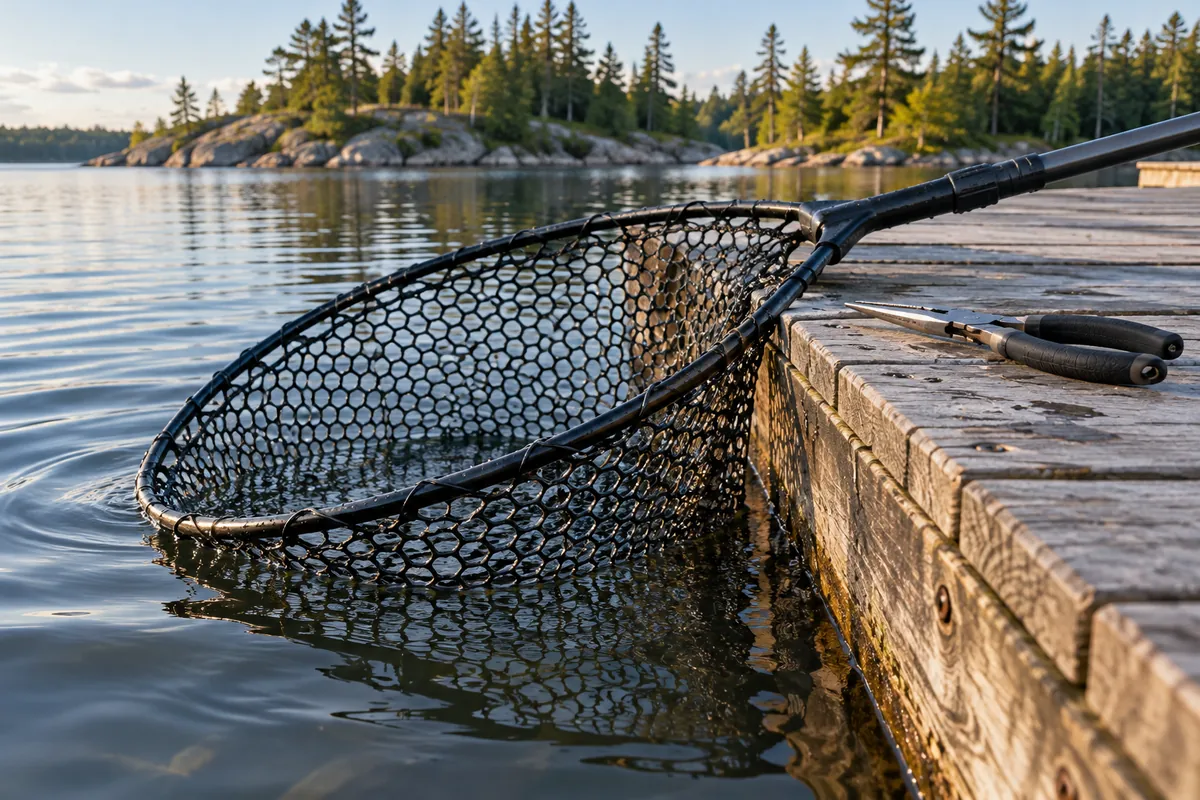 Rubber-mesh net at the waterline beside a low dock, with pliers nearby