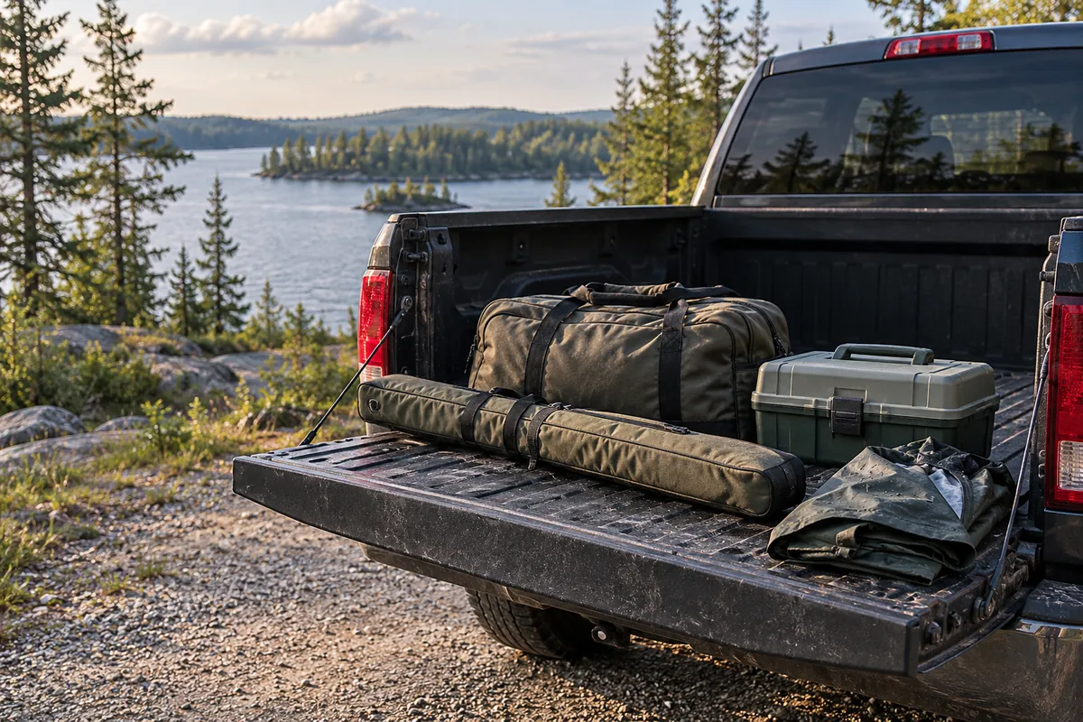 Fishing bags, rod case and a rain jacket packed on a pickup tailgate.