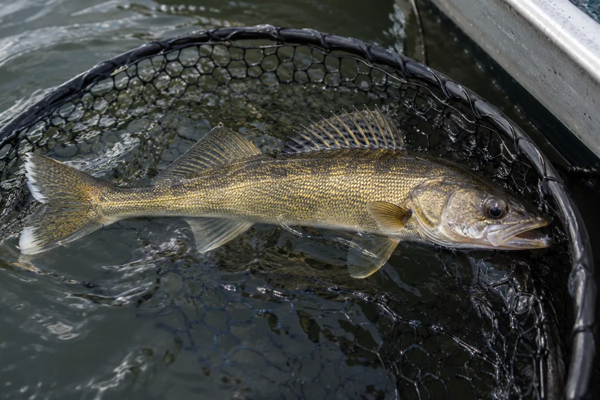 Walleye resting in a wet landing net partly in the lake