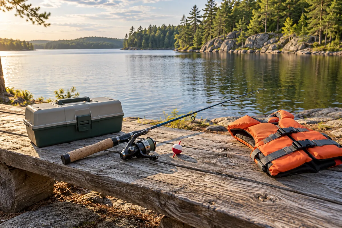 A simple fishing rod, float, tackle box and child-sized lifejacket beside a lake.