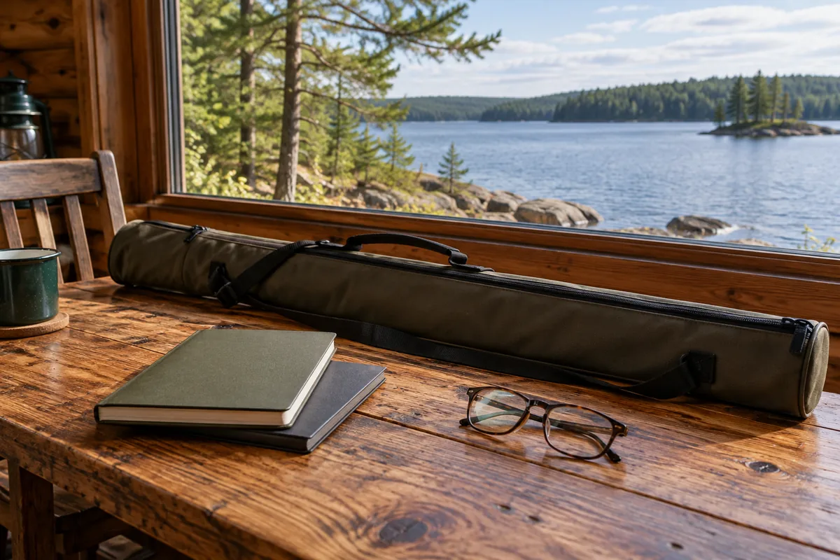 Closed plain notebooks and reading glasses beside a window overlooking a lake