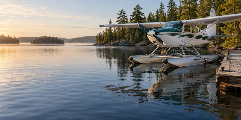 An unbranded floatplane moored at a timber dock on a forest-lined lake.