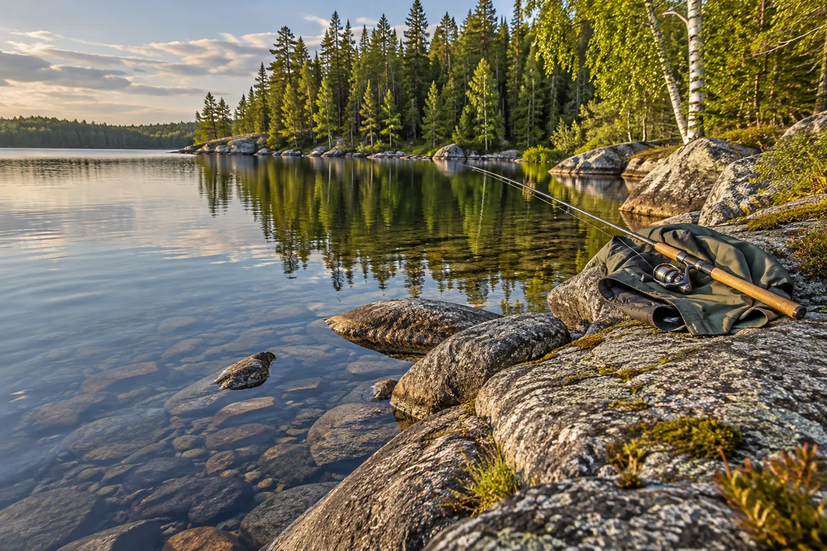 Fishing rod and rain jacket beside a rocky shallow lake shore