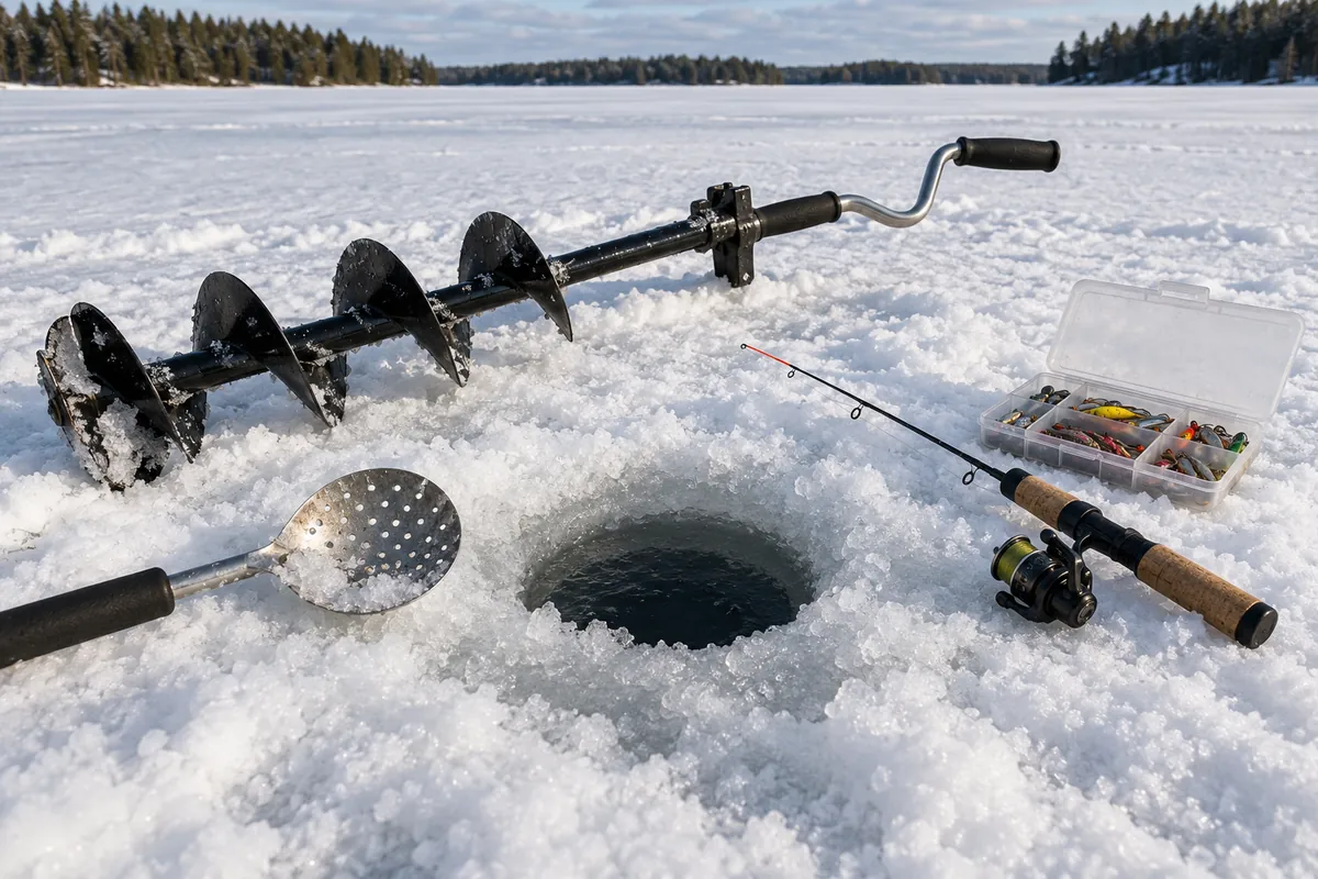 An ice auger, skimmer and short fishing rod beside a drilled hole.