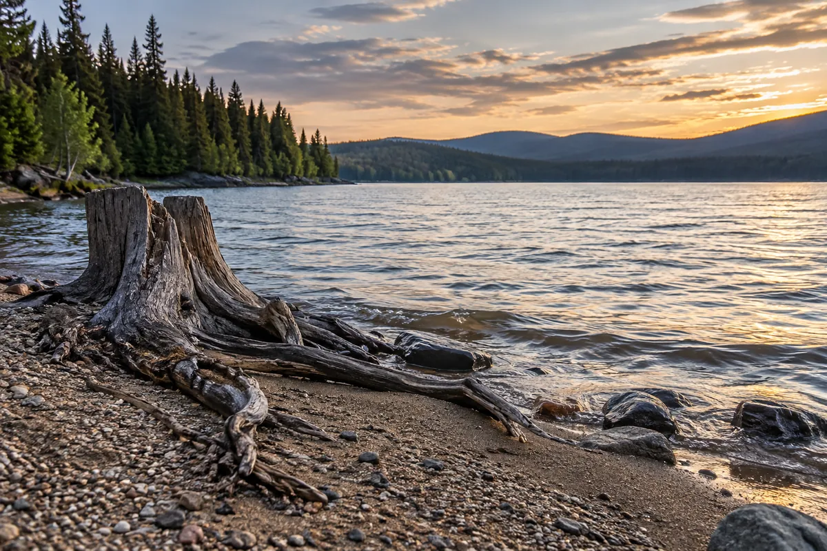 Exposed tree stump on a sandy gravel shore beside a northern lake