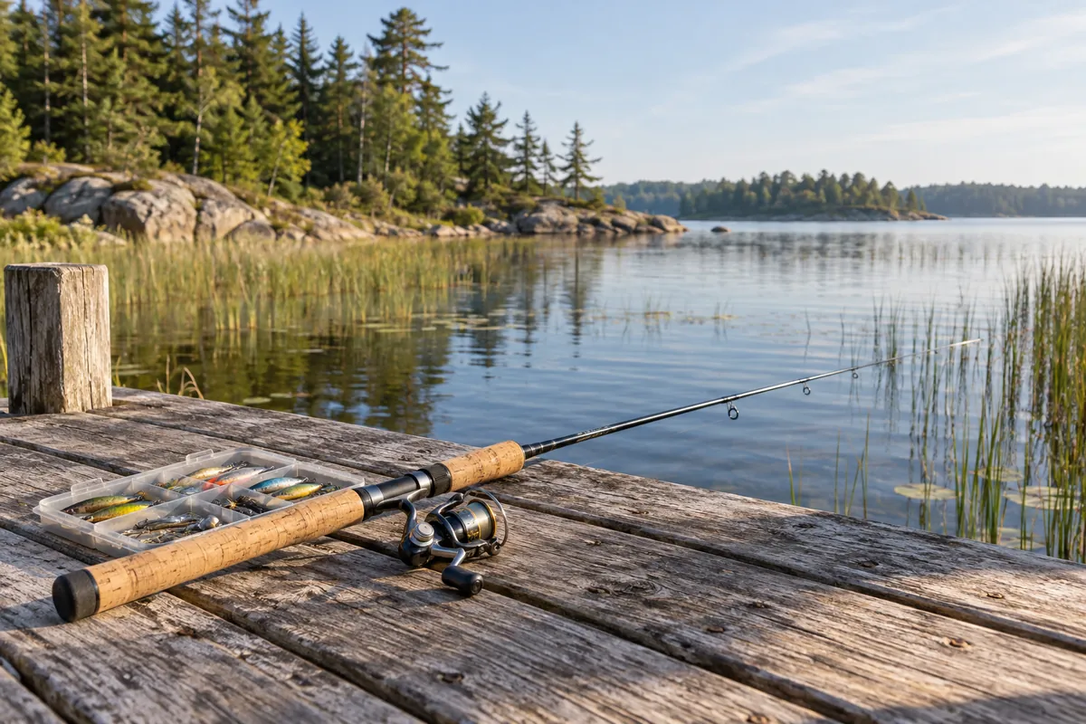 A spinning rod and tackle tray on a dock beside a shallow reed-lined bay.