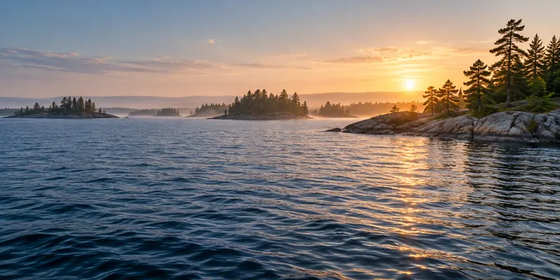 Several low forested islands and granite shores across blue lake water at sunrise.