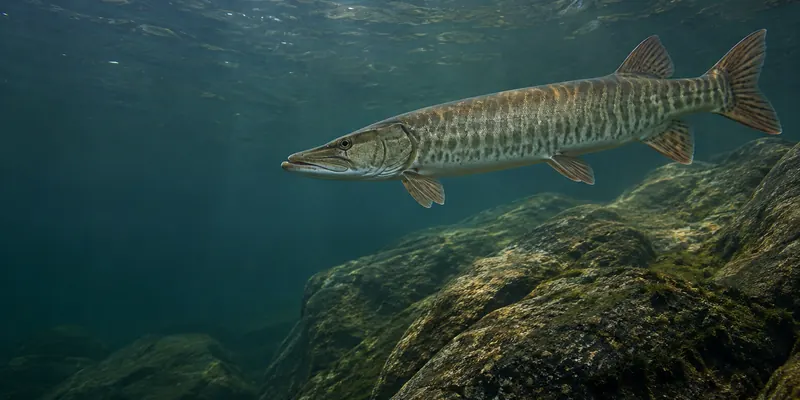A large bronze-green muskellunge with dark bars swimming beside submerged rock.