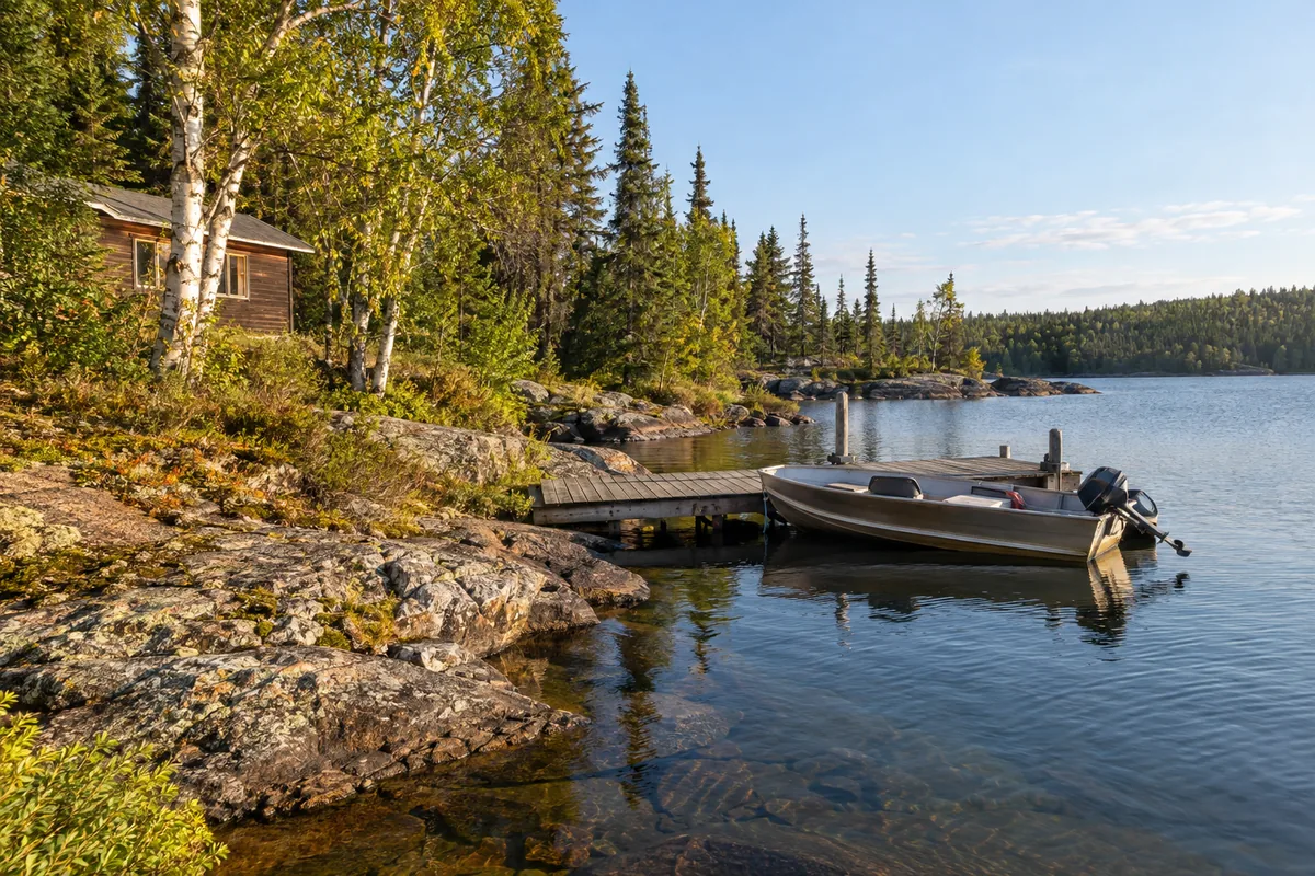 An aluminium fishing boat moored at a wooden dock beside birch and spruce.