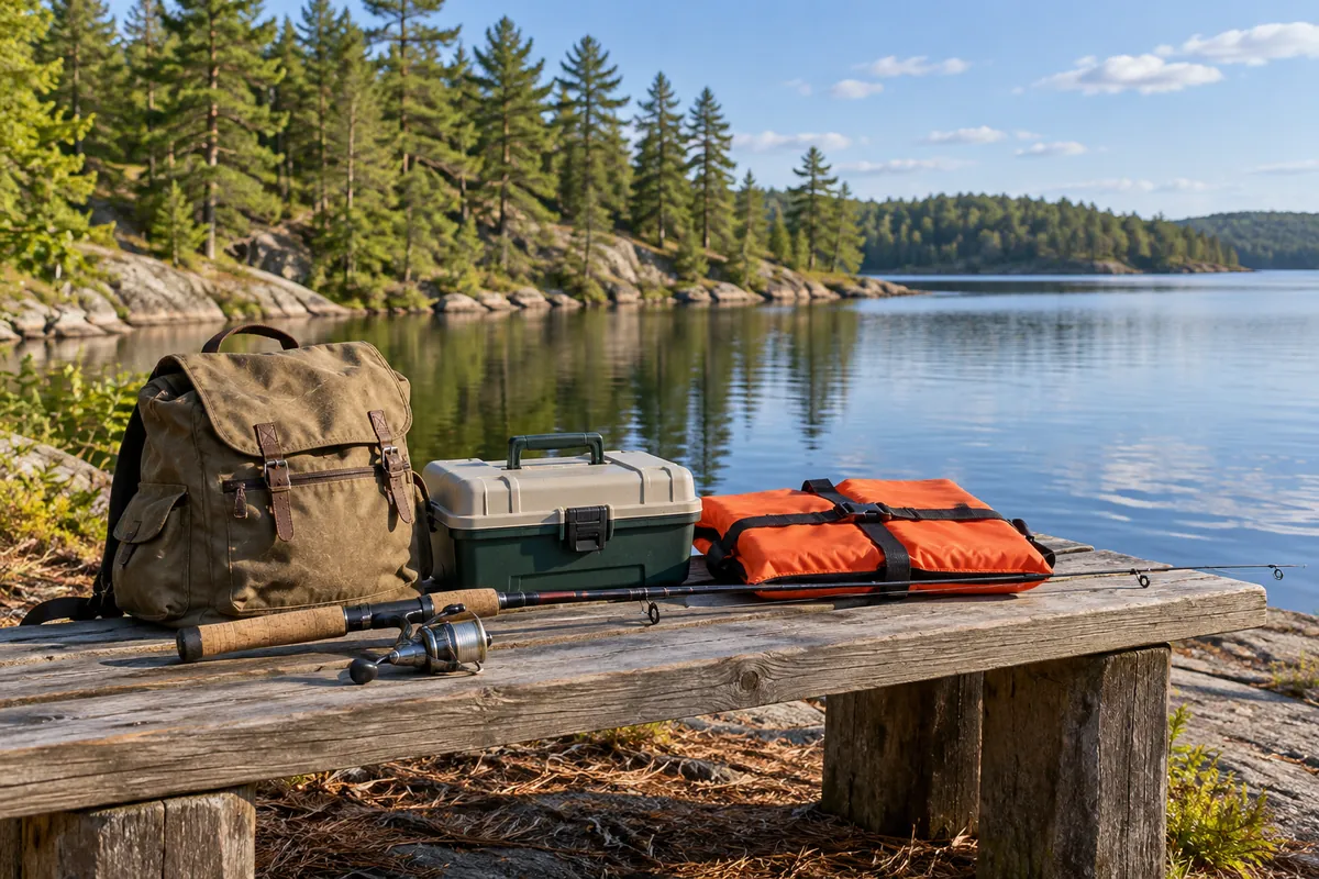 Day bag, closed tackle box, fishing rod and orange flotation device on a bench