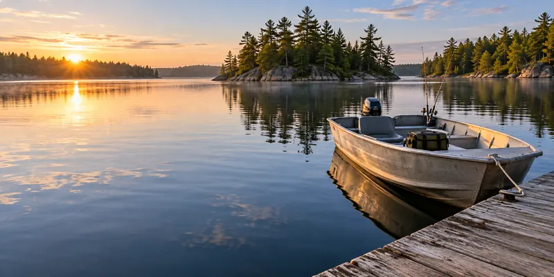 Empty fishing boat tied beside a dock with secured rods and a tackle bag