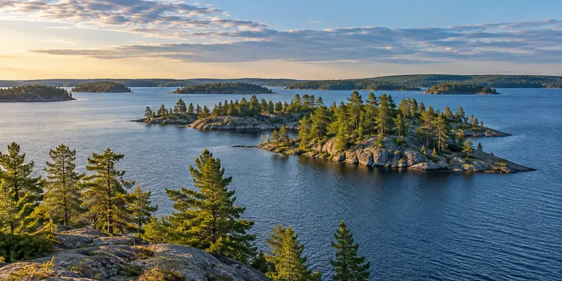 Pine-covered granite islands across a broad blue lake in warm morning light.