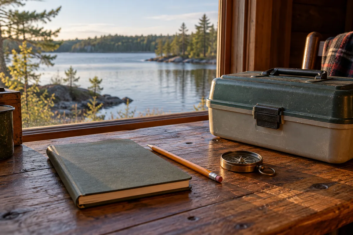 Notebook, compass and closed tackle box on a cabin table