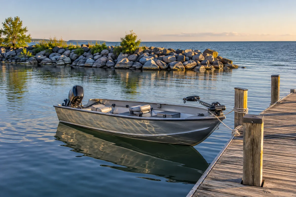 An empty fishing boat tied beside a stone breakwall and flat freshwater horizon.