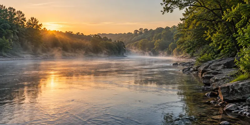 Morning mist over a gentle river beside wooded banks and a stone shoreline.